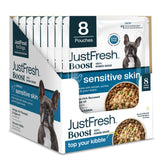 JustFoodForDogs JustFresh Boost Sensitive Skin bottle highlights omega rich topper for a healthier coat