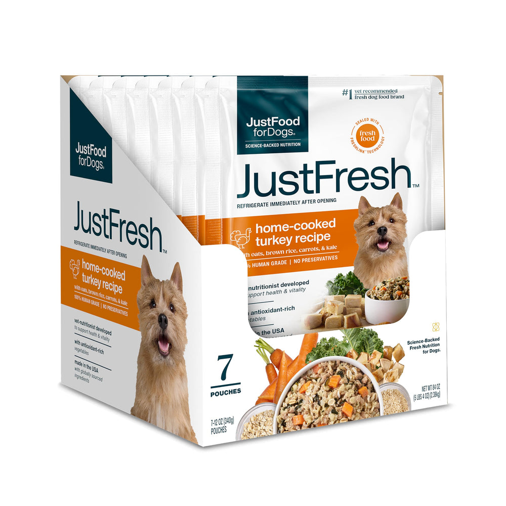 JustFoodForDogs JustFresh turkey meal pouch ready to serve as a complete fresh meal.