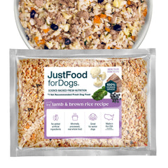 JustFoodForDogs lamb-brown-rice dish: complete, human-grade dog meal in a savory bowl