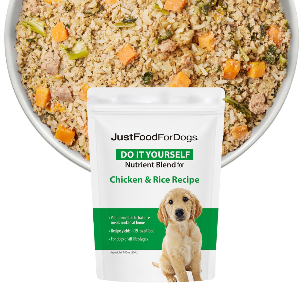 JustFoodForDogs nutrient blend bottle highlighting whole-food ingredients.