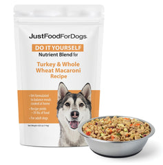 JustFoodForDogs Nutrient Blend turkey whole-wheat macaroni recipe shows a balanced DIY dog meal idea.