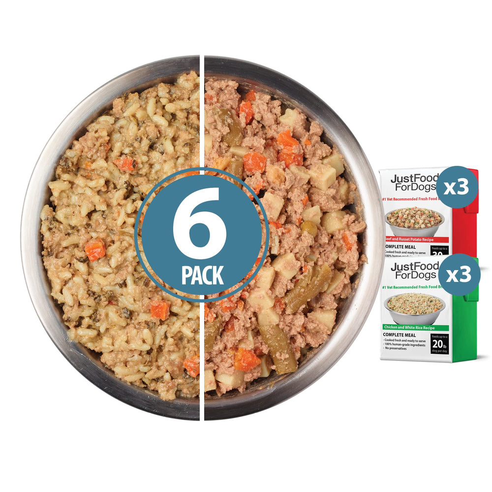 JustFoodForDogs Pantry Fresh variety pack image: beef and chicken dinner for dogs, complete meal option