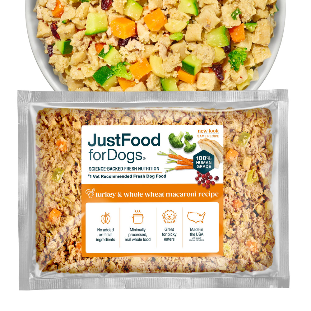JustFoodForDogs turkey and whole wheat macaroni meal, balanced nutrition for dogs.