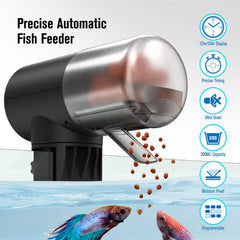 JuzPetz automatic feeder mounted on glass for convenient tank-side feeding.
