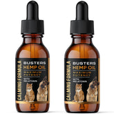K2xLabs Buster's hemp oil bottle pour aids calm during storms for dogs and cats.