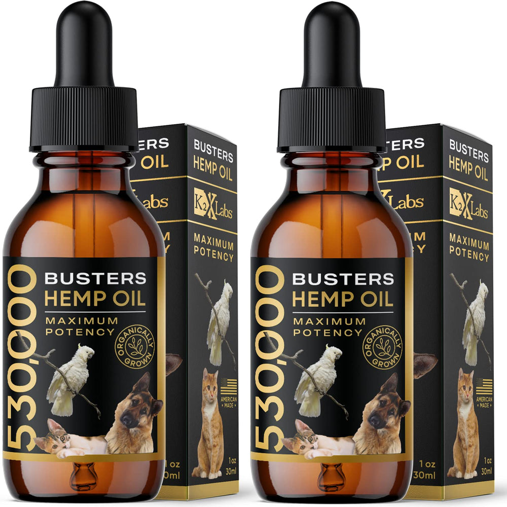 K2xLabs Busters Hemp Oil bottle pour enables precise pet dosing.