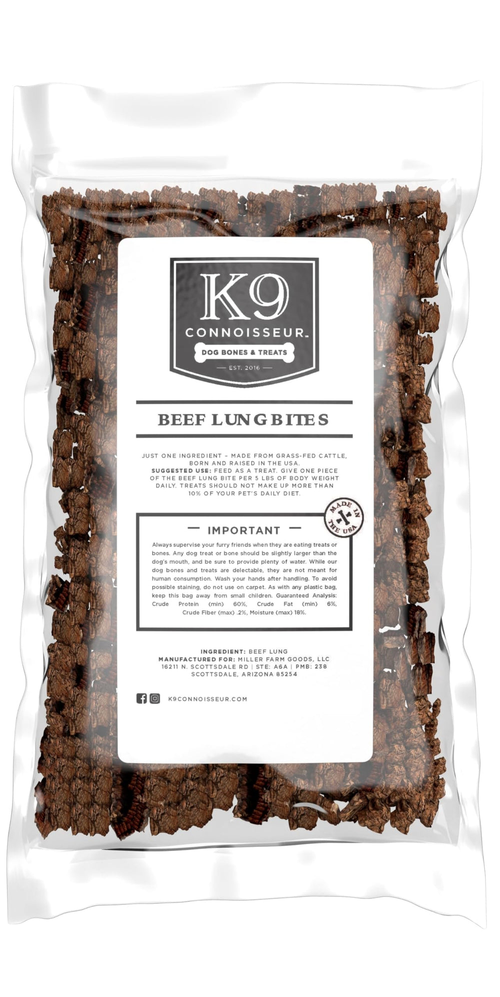 K9 Connoisseur beef lung treats in packaging for training rewards.