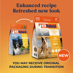 K9 Natural chicken freeze-dried dog food ingredients highlight cage-free chicken and NZ green mussels.