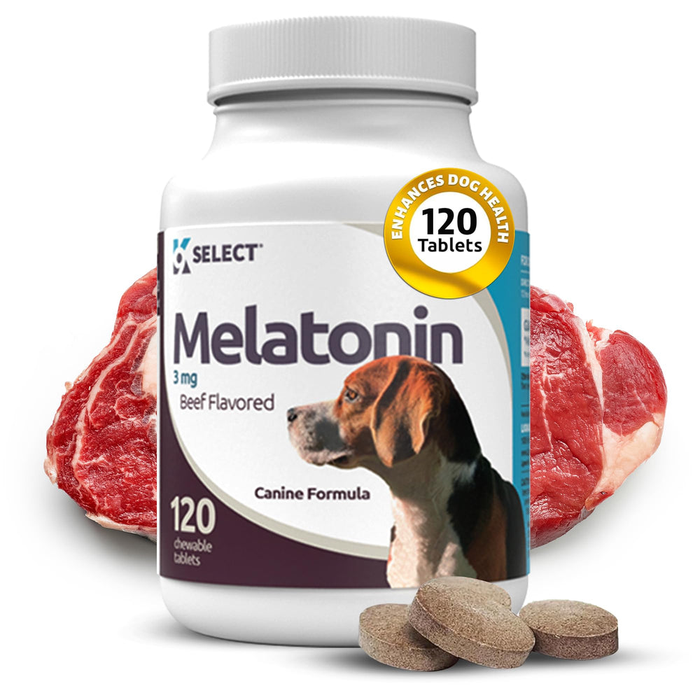 K9 Select melatonin bottle front; 180 beef-flavored calming chews for small dogs.