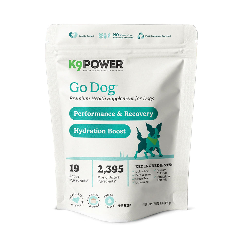 K9Power Go Dog hydration bottle pour shows easy refueling during active play.