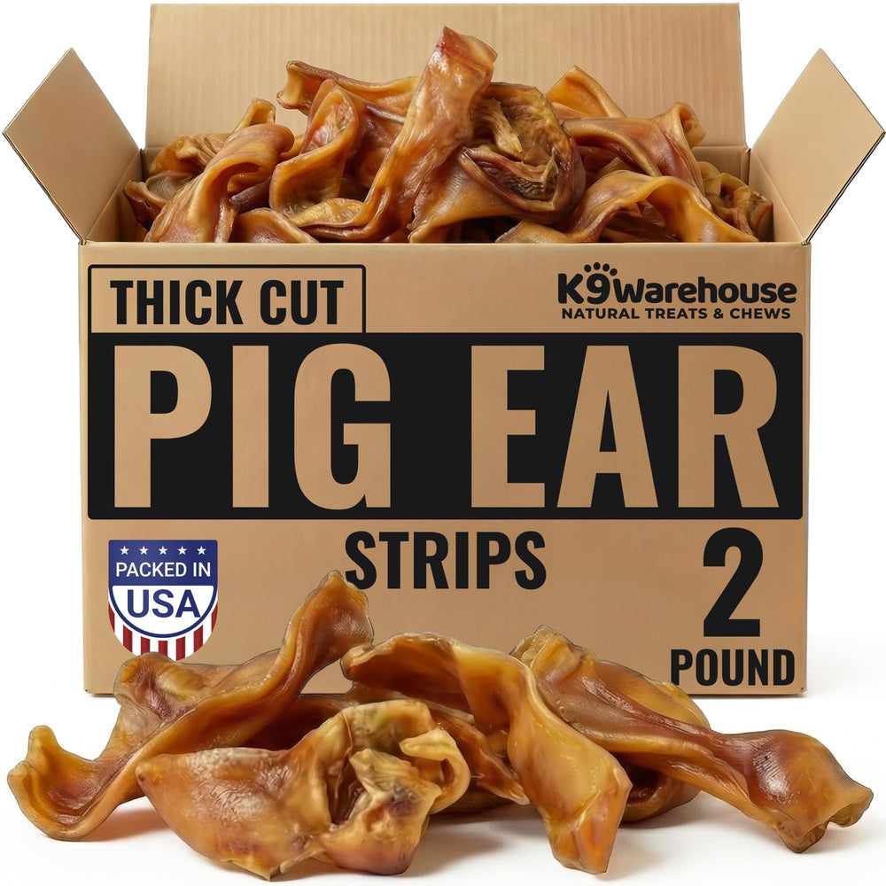 K9warehouse pig ear strips 2lb bag close-up showing bulk quantity