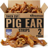 K9warehouse pig ear strips 2lb bag close-up showing bulk quantity