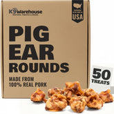 K9warehouse premium natural pig ears rounds in USA-pack for long-lasting chews.