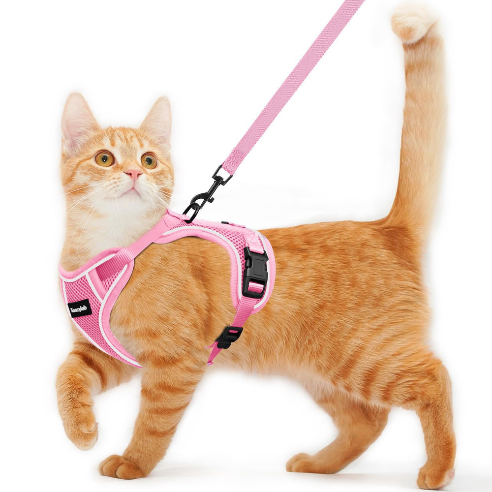 Kaazylab cat harness on pink vest showing escape-proof design for safe outdoor walks.
