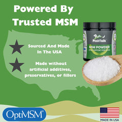 KALA HEALTH PeakTails MSM powder label emphasizes OptiMSM purity and origin
