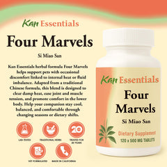 Closeup of Kan Herb Four Marvels tablets highlighting plant-based support for digestive balance.