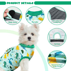 KAROKU dog recovery suit shows adjustable back length for a secure fit.