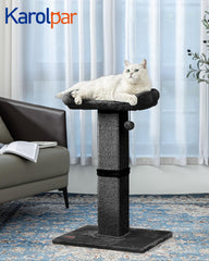 Karolpar plush perch atop the scratching post for cozy cat lounging.