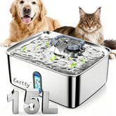 Kastty dog water fountain shows 15L capacity for large dogs and multi-pet homes.