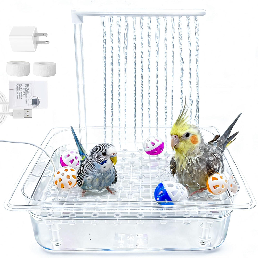 Kathson parrot bath tub with pump enables safe, continuous bathing for birds.