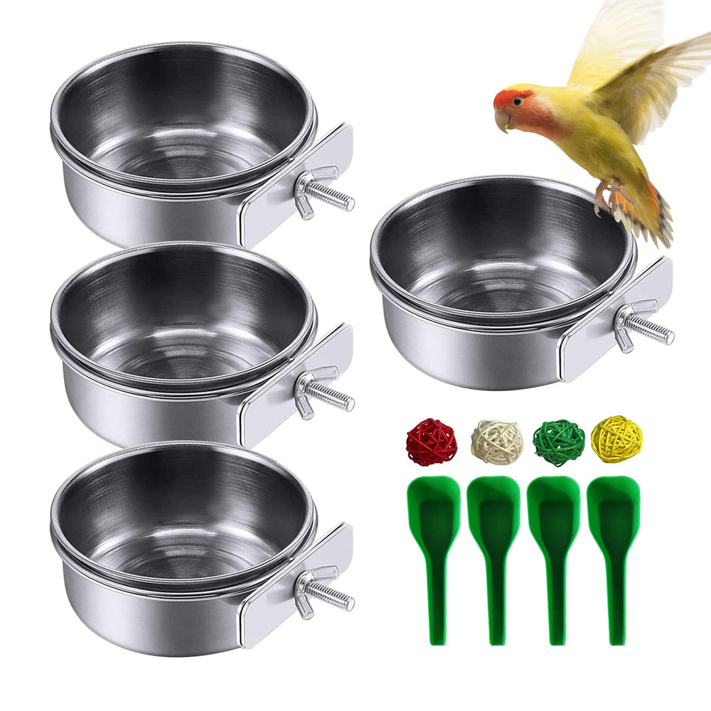 Kathson stainless steel bowls for birds in a four-pack with secure cage mounting.