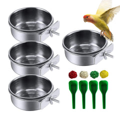 Kathson stainless steel bowls for birds in a four-pack with secure cage mounting.