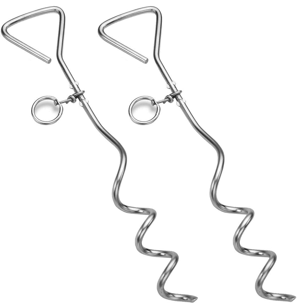 Katzco 16-inch arrowhead stake anchors outdoors for secure tethering.