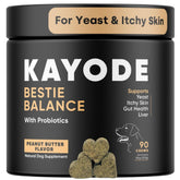 Kayode Bestie Balance dog probiotic chews packaging highlights convenient daily supplement.