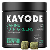 Kayode Canine NutriGreens bottle front shows daily vitality support for dogs
