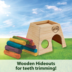 Natural pine Kaytee Chinchilla Hut safe for chewing and nesting.