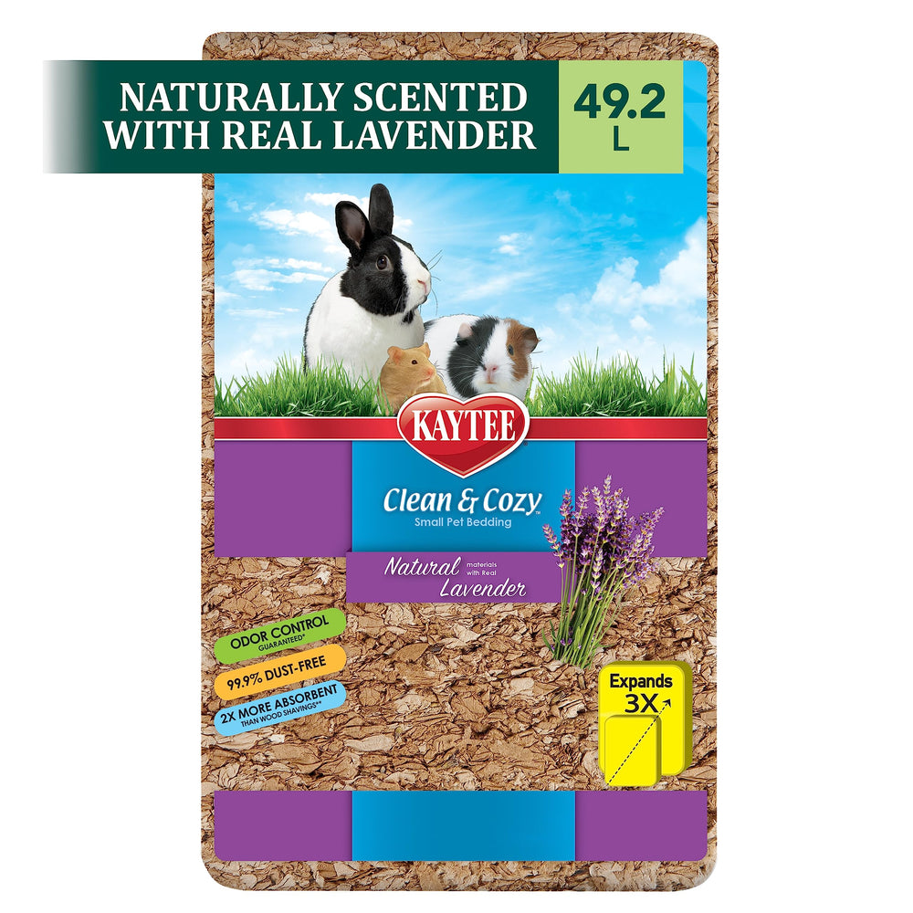 Kaytee Clean & Cozy Lavender Bedding with real lavender buds for natural odor control.