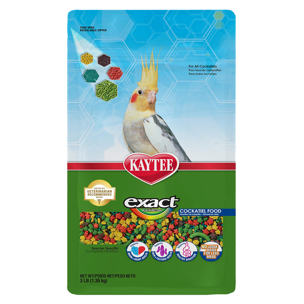 Kaytee Exact Rainbow Cockatiel nuggets in a bowl support vibrant plumage.