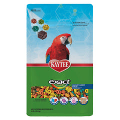 Kaytee Exact Rainbow Large Parrot bag shows premium extruded nutrition for large parrots.