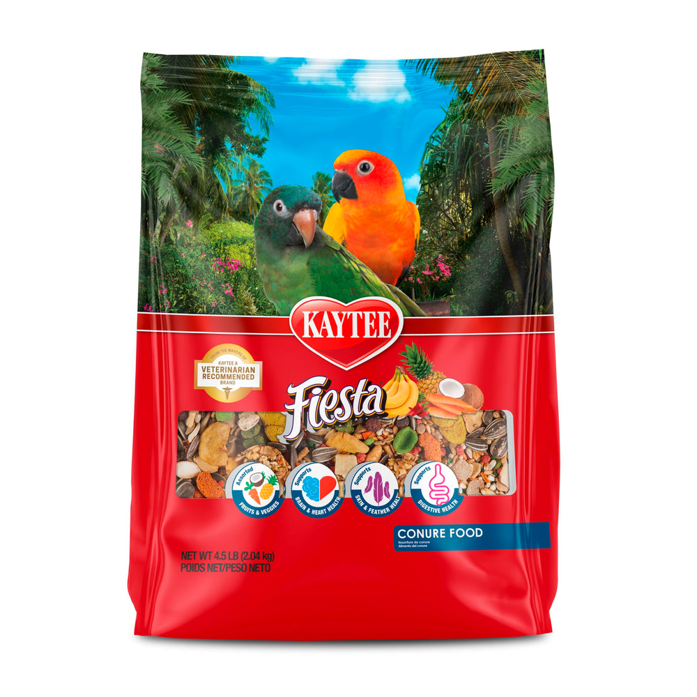 Kaytee Fiesta conure food variety ingredients stimulate foraging and curiosity.