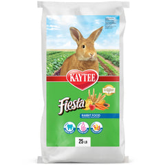 Kaytee Fiesta rabbit food bag highlights enrichment and foraging.