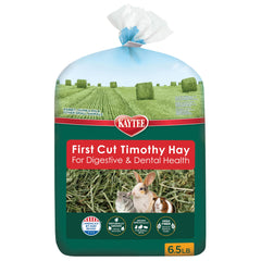 Kaytee First Cut Timothy Hay: hand-selected bale with long fiber strands for digestive-friendly feeding.