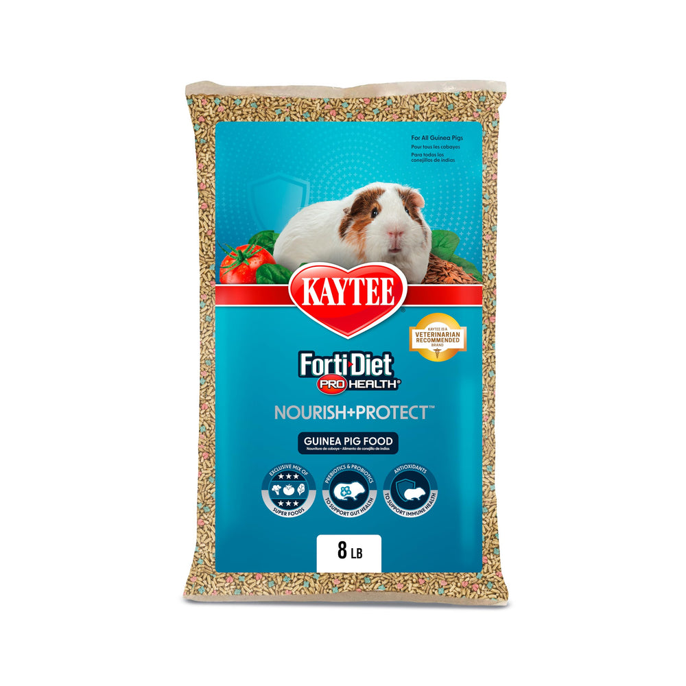 Kaytee Forti-Diet Pro Health bag showing balanced daily nutrition for guinea pigs.
