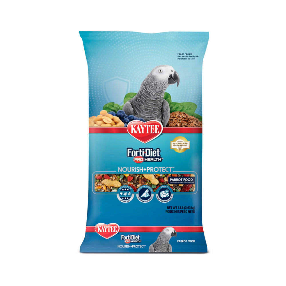Kaytee Forti-Diet Pro Health parrot food bag open showing fresh formula for balanced nutrition