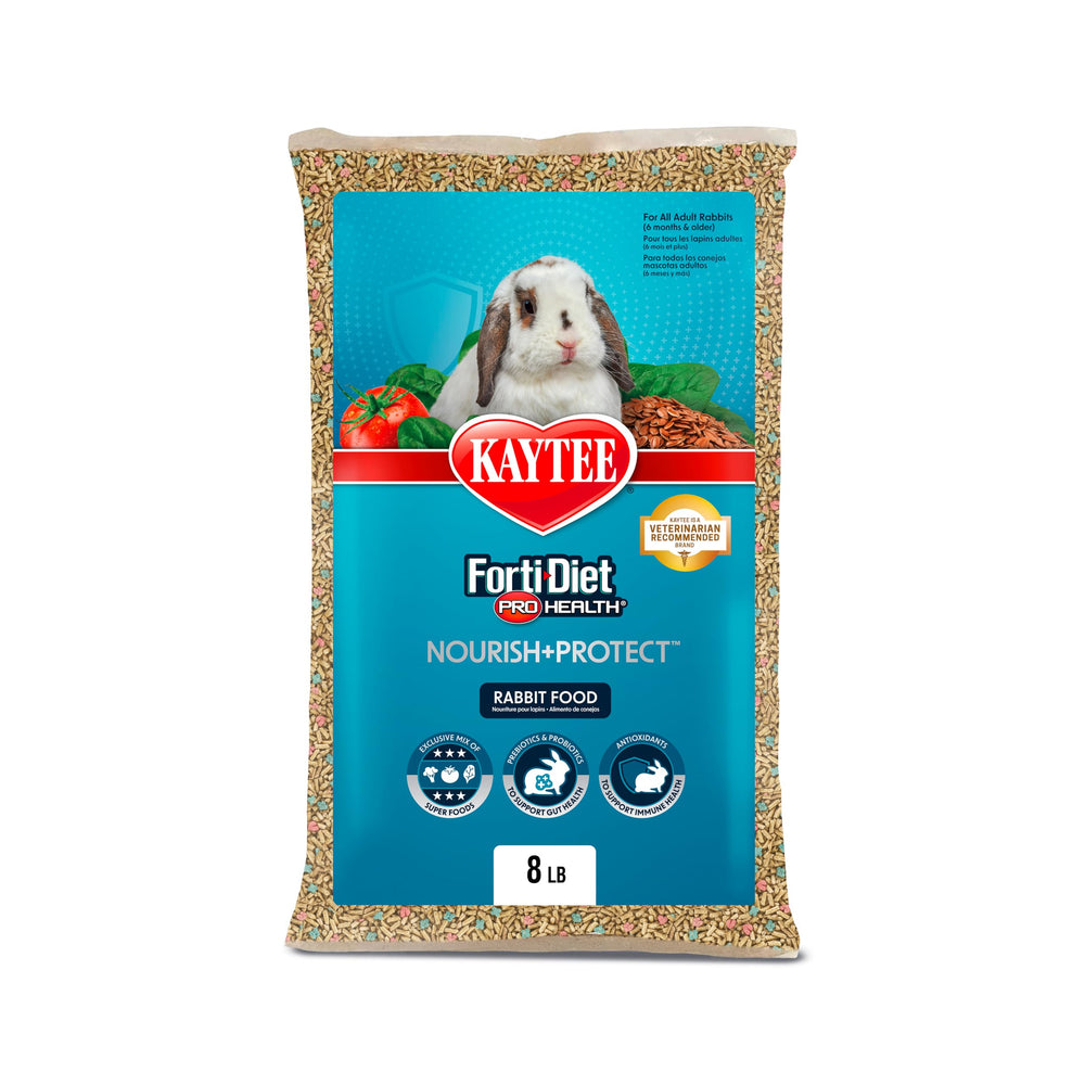 Kaytee Forti-Diet Pro Health rabbit food bag promoting a balanced daily diet.