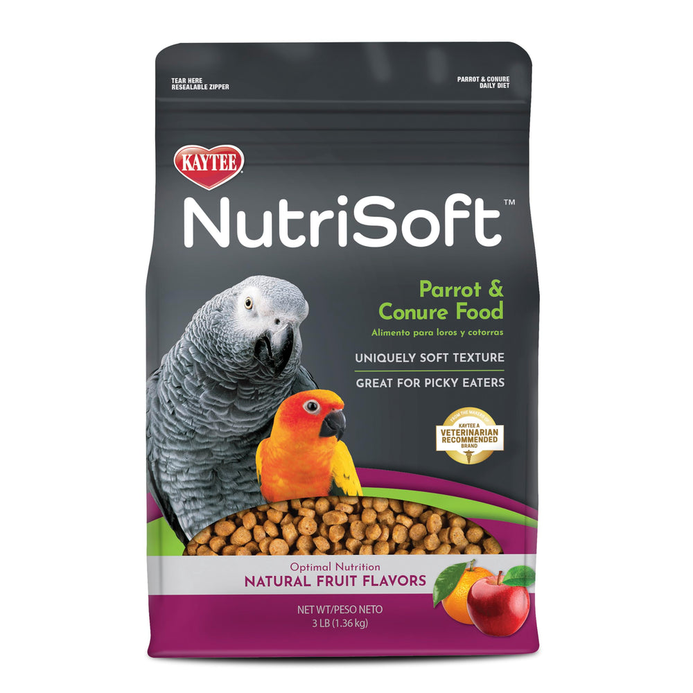 Kaytee Nutri Soft packaging shows pellets for picky parrots.