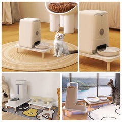 Minimalist wooden cat food stand blending with modern home interiors.