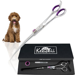 Kenchii Scorpion 8-Inch curved dog grooming scissors for precise trims around legs and ears.