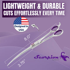 Kenchii Scorpion razor-sharp edge close-up reduces snags on all coat types during grooming.