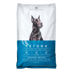 Ketona chicken recipe dry dog food bag highlighting grain-free, high-protein nutrition