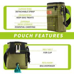 KHPR dog treat pouch with built-in poop bag dispenser for convenient cleanup.