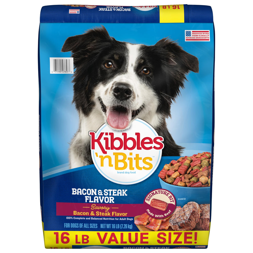 Kibbles 'n Bits bacon & steak bag close-up showing real meat chunks.
