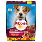 Kibbles 'n Bits Bistro Mini Bits beef bag for adult small dogs, easy feeding.