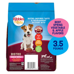 Small-breed dog enjoying meal with bite-sized pieces from Kibbles 'n Bits Mini Bits.