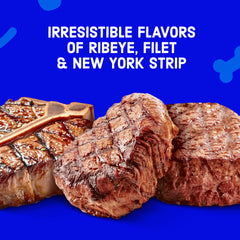 Kibbles 'n Bits Triple Steak packaging closeup emphasizes complete and balanced formula.