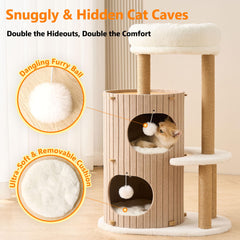 Kicari cat tree dangling balls for playful activity.